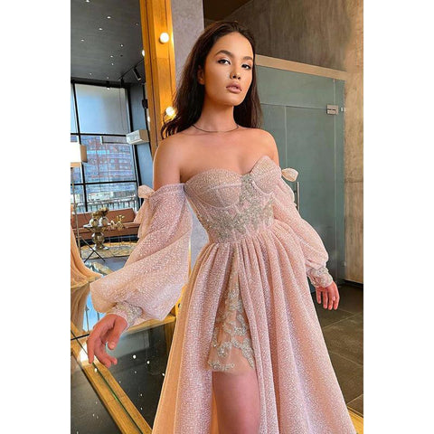 Sweetheart Off-Shoulder Long Sleeves A-Line Prom Gown With Slit