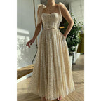 Vestido de fiesta con tirantes finos, escote corazón, lentejuelas y purpurina 