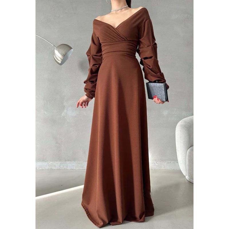 Vestido de fiesta largo sencillo con escote en V, hombros descubiertos y mangas abullonadas 