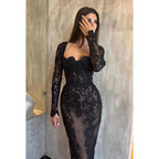 Vestido de noche largo de fiesta con escote cuadrado, mangas largas y encaje