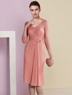 Vestido de dos piezas para madre de la novia, estilo tubo/columna, estilo formal, para invitada de boda, estilo vintage, elegante, con escote en V, largo hasta la rodilla, de gasa, con encaje, mangas 3/4, chaqueta, con pliegues y broche de cristal.