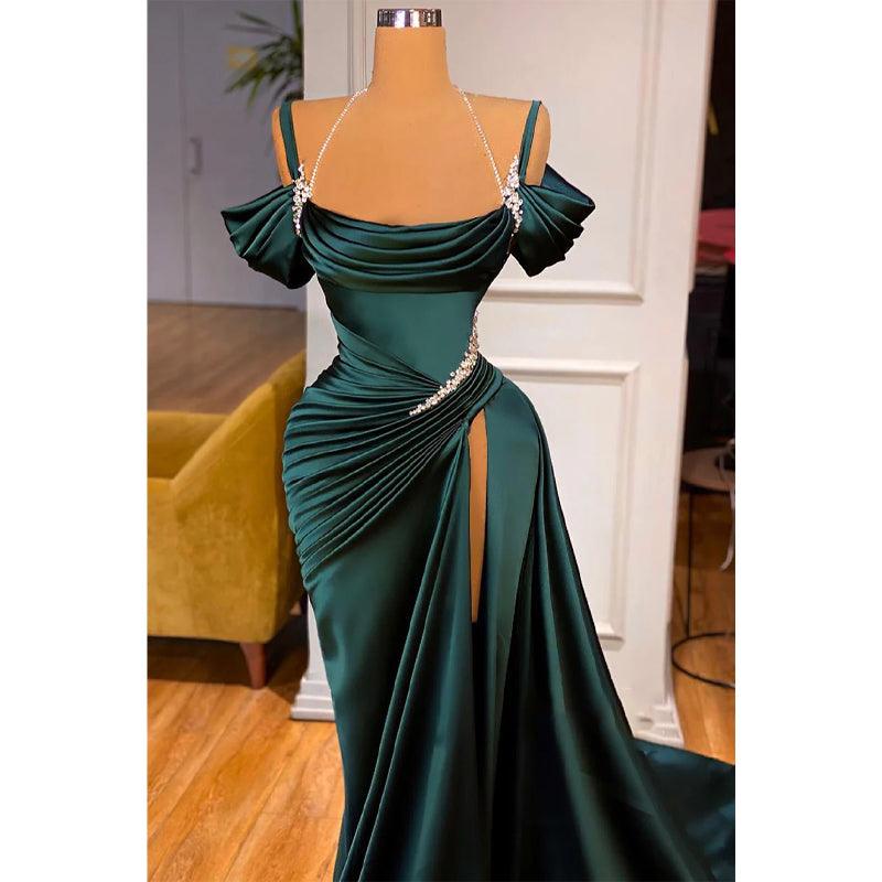 Spaghettiträger Perlen A-Linie Langes formelles Abendkleid mit Schlitz