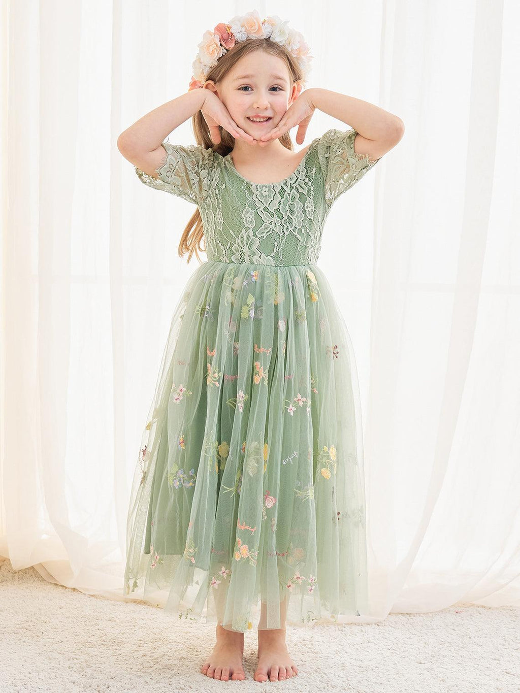 Sage Scoop Neck Cloth Surface and Tulle Flower Girl Dress