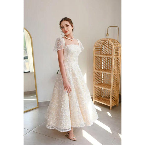 Vestido de fiesta de noche con escote cuadrado, mangas de copa, estampado de tul, corte A, largo hasta la rodilla 