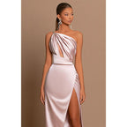 Unique One Shoulder Pleats High Split Long Prom Dress