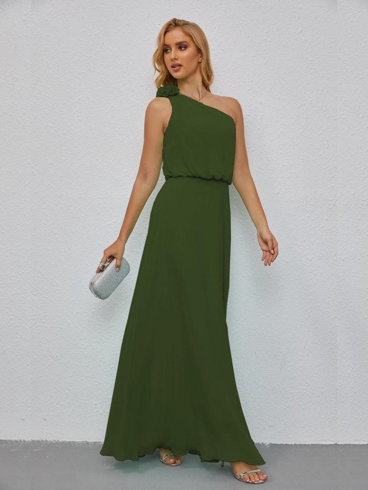 Ruffled One Shoulder Sleeveless Long Bridesmaid Dresses A-line Formal Evening Gown Side Split 28080-numbersea