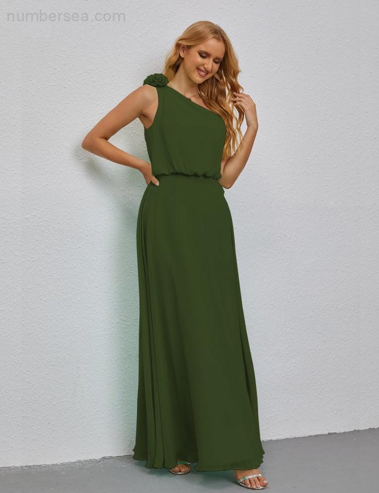 Ruffled One Shoulder Sleeveless Long Bridesmaid Dresses A-line Formal Evening Gown Side Split 28080-numbersea