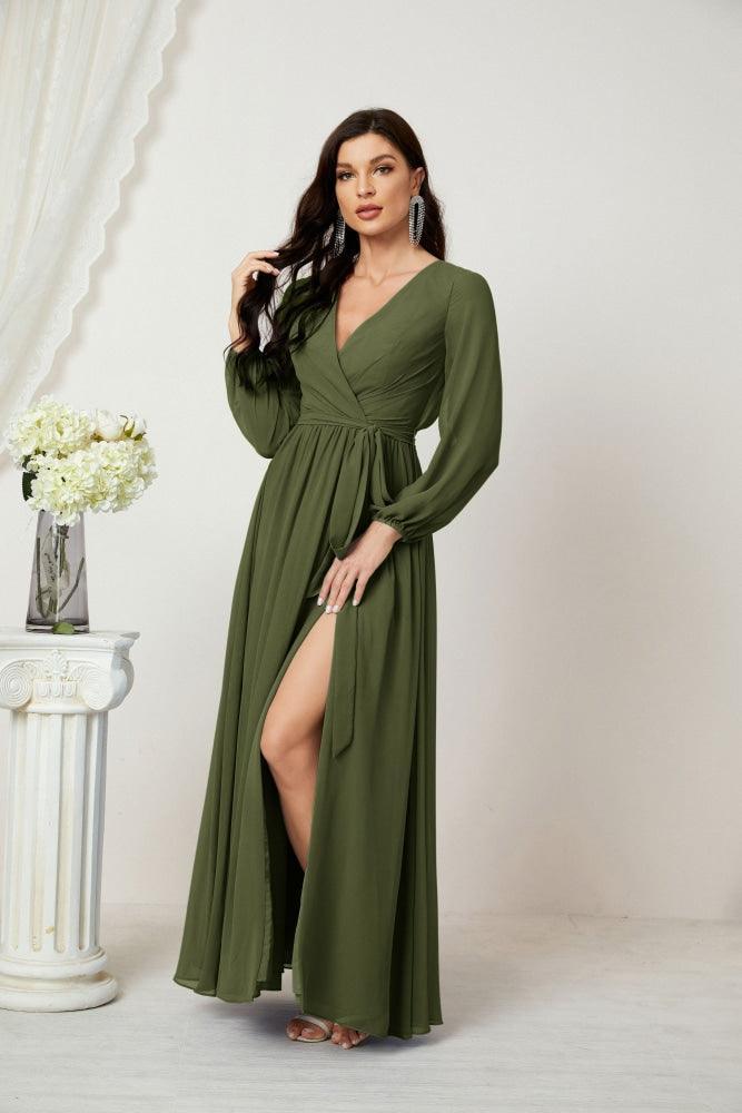 Numbersea Evening Dresses Deep V-Neck Chiffon Bridesmaid Dresses Long Bishop Sleeve Side Split Formal Dress 2806-numbersea