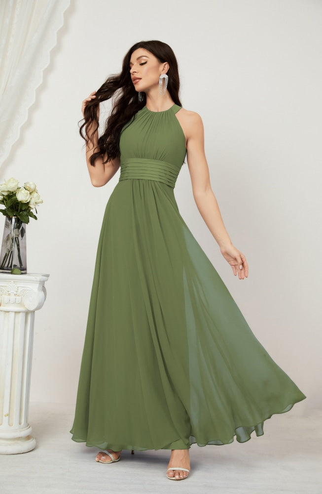 Numbersea Formal Party Gown Dress Chiffon Halter Long Sleeveless Bridesmaid Dresses 2802 Martini