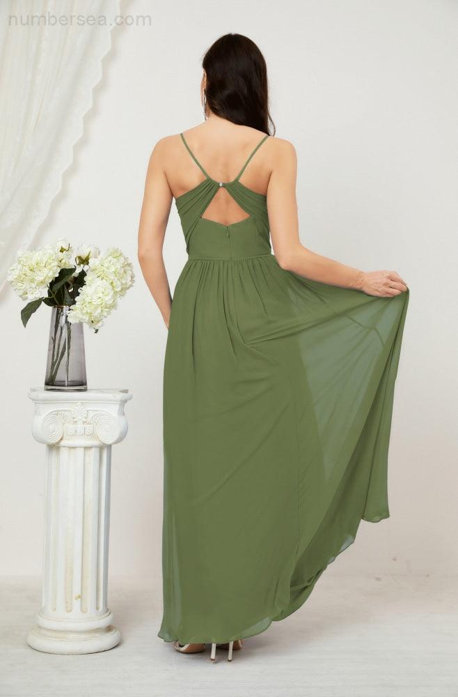 Numbersea Neck Bridesmaid Dresses Chiffon Long Spaghetti A-line Formal Prom Gown for Wedding Party Evening 2801-numbersea
