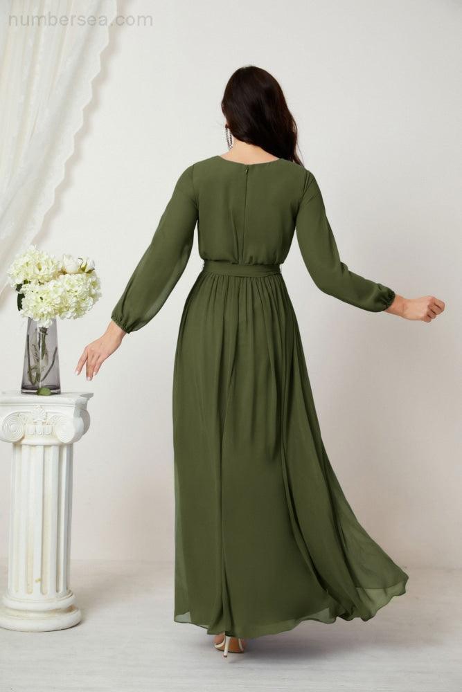 Numbersea Evening Dresses Deep V-Neck Chiffon Bridesmaid Dresses Long Bishop Sleeve Side Split Formal Dress 2806-numbersea