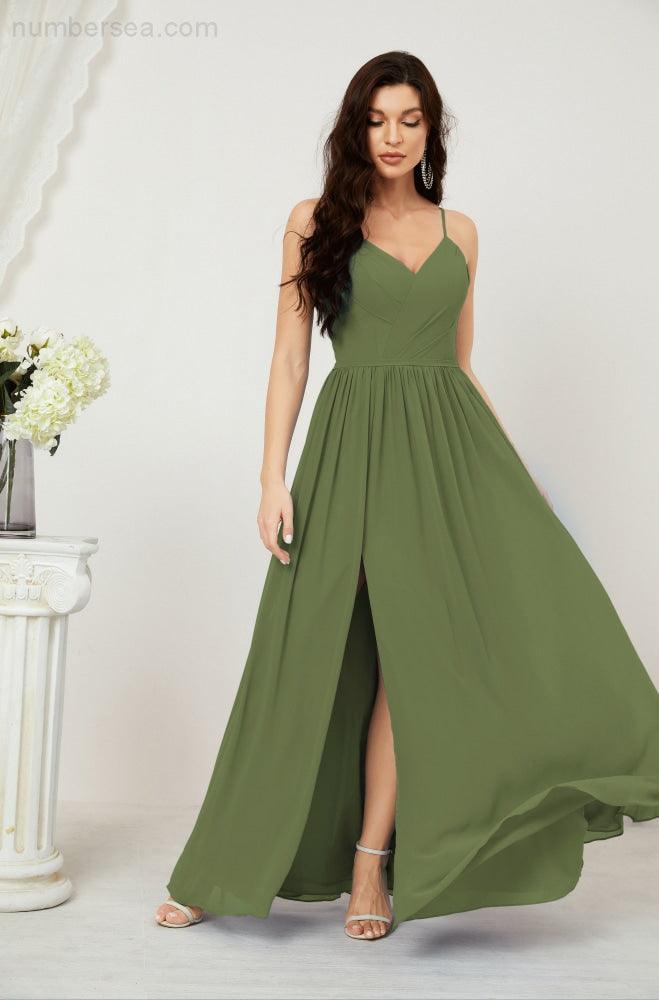 Numbersea Neck Bridesmaid Dresses Chiffon Long Spaghetti A-line Formal Prom Gown for Wedding Party Evening 2801-numbersea