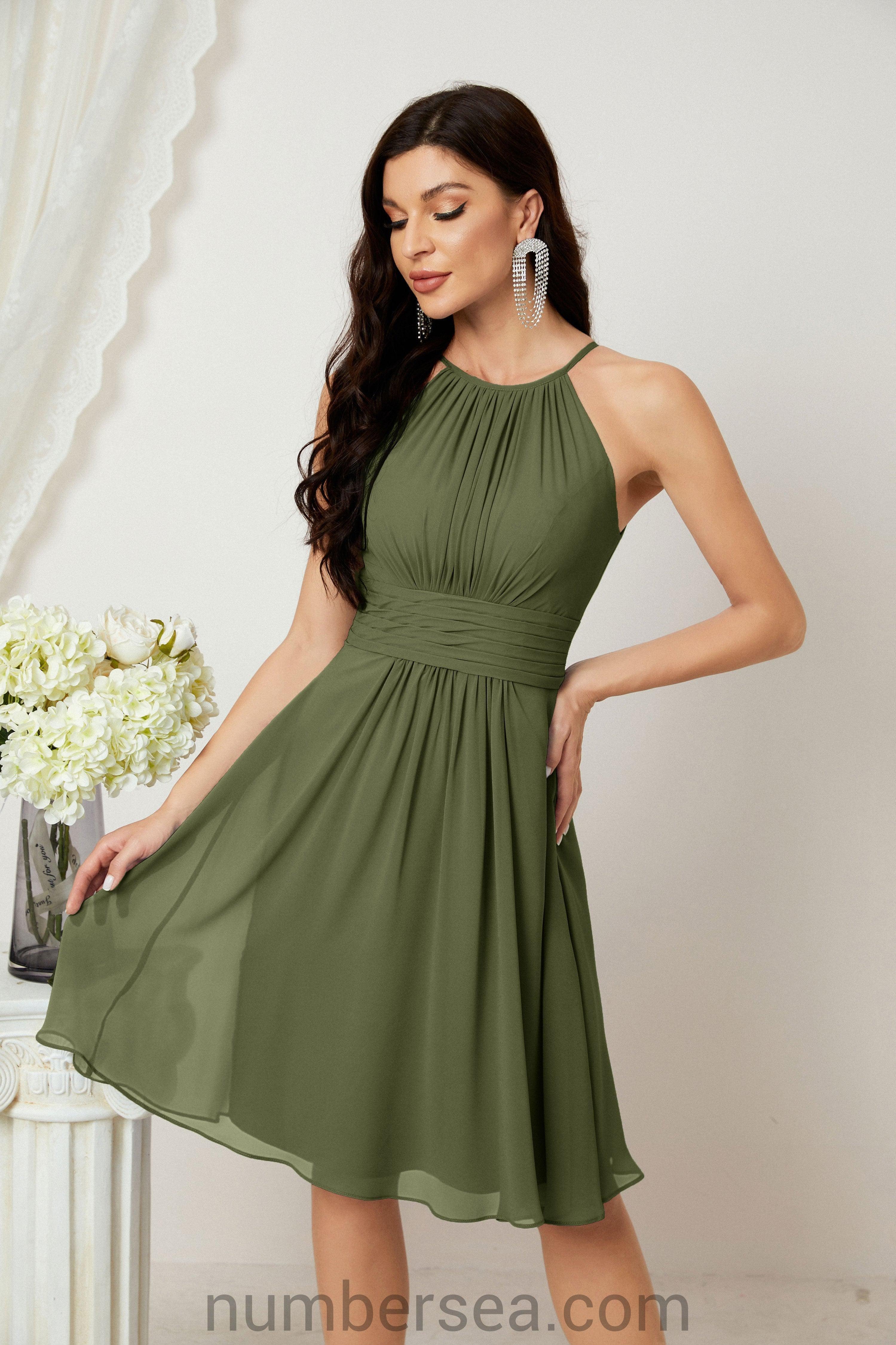 Halter Bridesmaid Dresses Knee Length A Line Formal Evening Party Cocktail Dress 28011