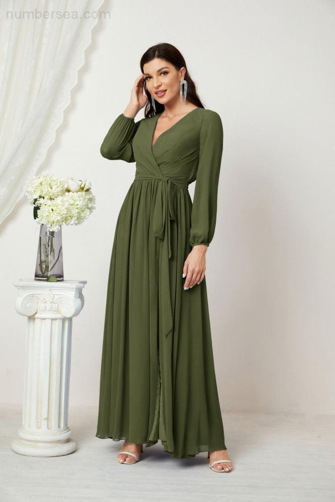 Numbersea Evening Dresses Deep V-Neck Chiffon Bridesmaid Dresses Long Bishop Sleeve Side Split Formal Dress 2806-numbersea