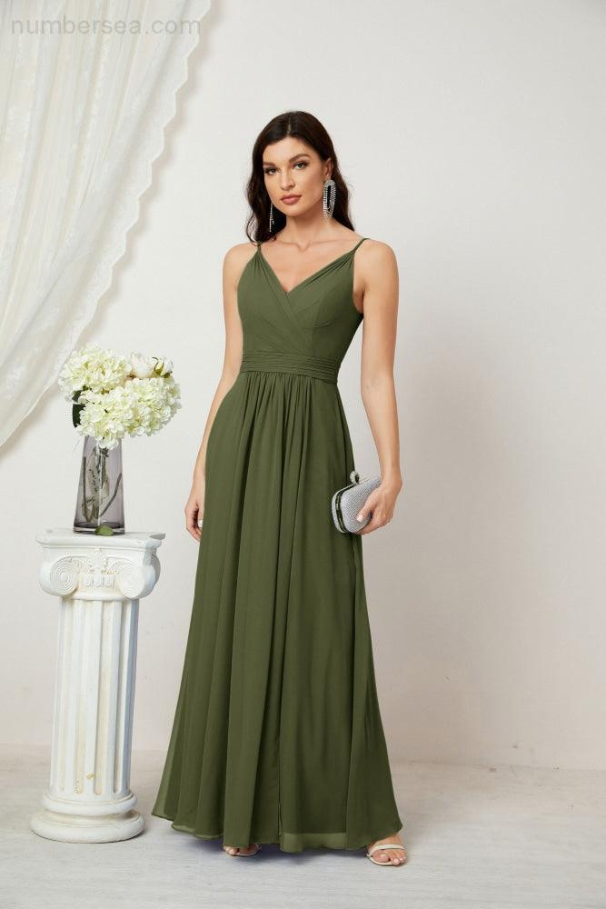 Numbersea Chiffon V-Neck Bridesmaid Dress Spaghetti Strap Long Formal Party Prom Gowns with Slit 28010-numbersea
