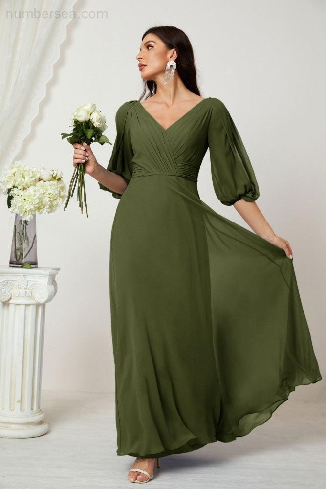 Numbersea Formal Prom Gown Women V-Neck Chiffon Bridesmaid Dresses Long Bishop Sleeve Party Dress 2807-numbersea