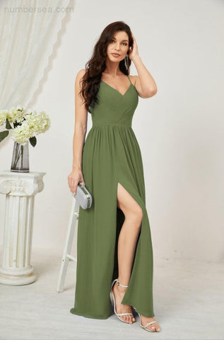 Numbersea Neck Bridesmaid Dresses Chiffon Long Spaghetti A-line Formal Prom Gown for Wedding Party Evening 2801-numbersea