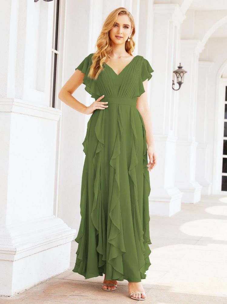 Ruffled Bridesmaid Dresses with Sleeves Long Formal Party Dress 28041-numbersea