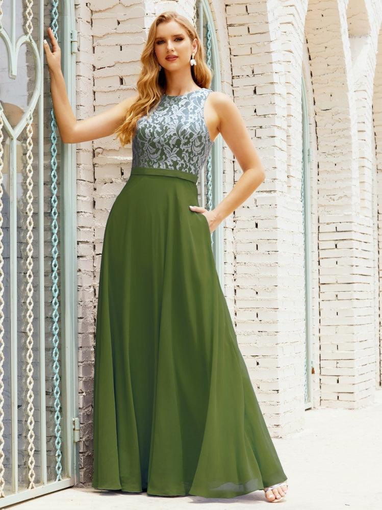 Lace Bridesmaid Dress Floor Length Evening Gowns with Pockets 28017-numbersea
