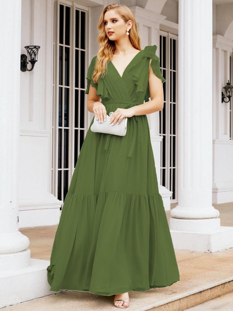 Numbersea Women's Open Back Formal Evening Party Prom Gowns V-Neck Long Chiffon Bridesmaid Dresses with Waist Belt 28038-numbersea