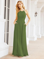 Numbersea Halter Bridesmaid Dresses with Pockets Sleeveless Formal Evening Party Prom Gowns 28055-numbersea