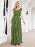 Numbersea V-Neck Bridesmaid Dresses Long Cap Sleeves Prom Evening Formal Gowns 28071-numbersea