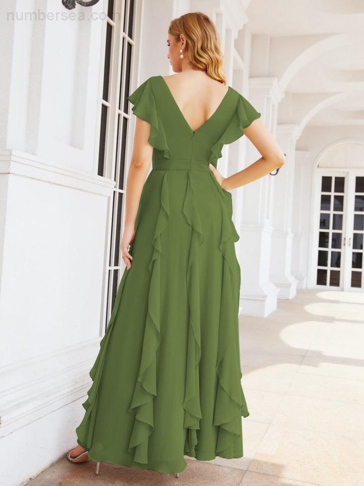 Ruffled Bridesmaid Dresses with Sleeves Long Formal Party Dress 28041-numbersea