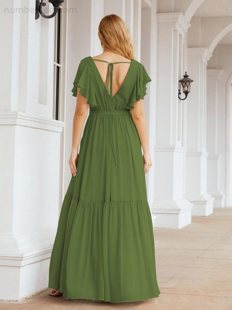 Numbersea Women's Open Back Formal Evening Party Prom Gowns V-Neck Long Chiffon Bridesmaid Dresses with Waist Belt 28038-numbersea