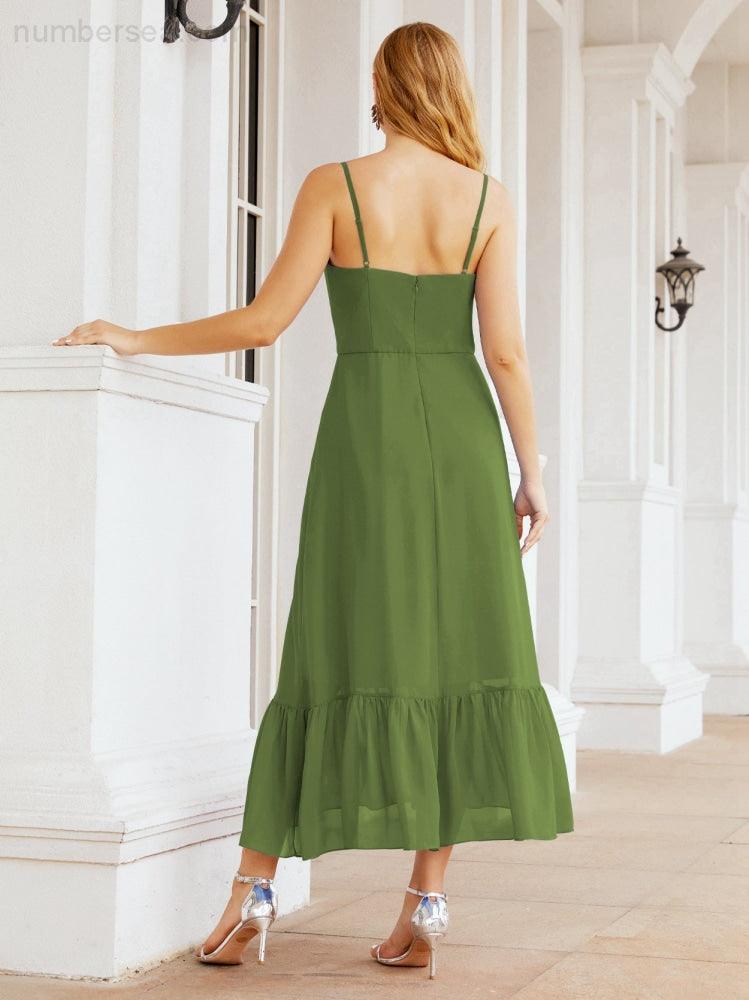 Numbersea Women Strap Chiffon Bridesmaid Dress Ankle Length Sleeveless Blackless Ruffle A Line