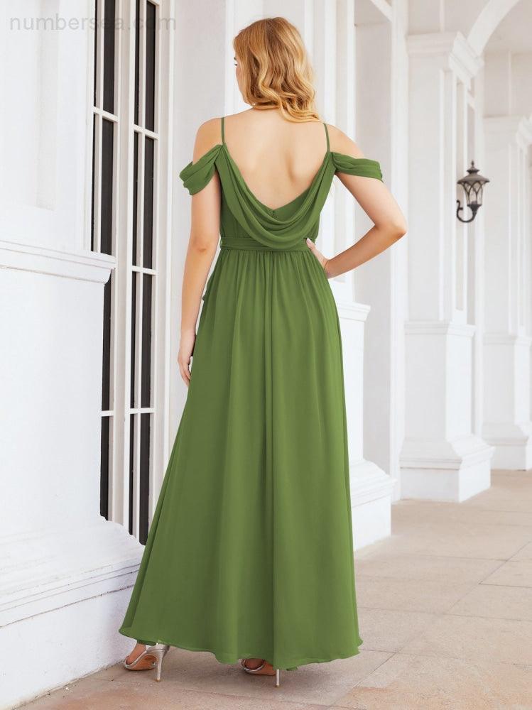 Numbersea Off The Shoulder Chiffon Bridesmaid Dress Long Formal Graduation Gown with Cowl Back 28069-numbersea