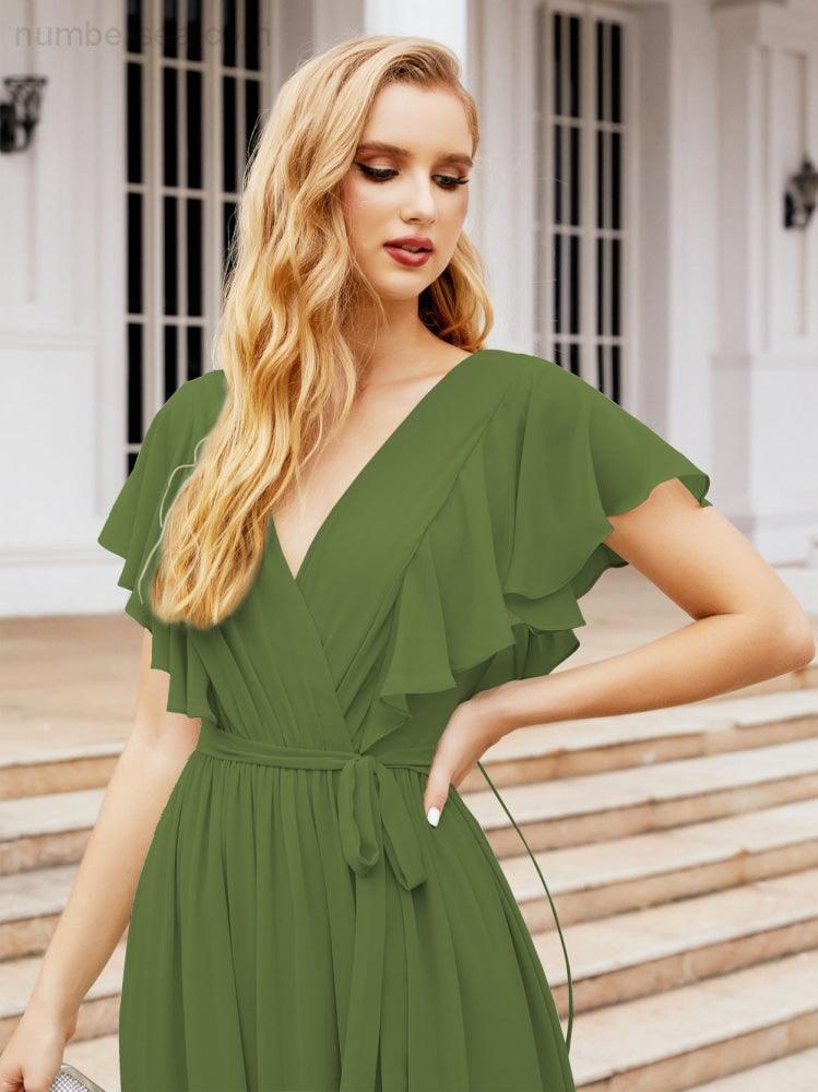 Numbersea Women's Open Back Formal Evening Party Prom Gowns V-Neck Long Chiffon Bridesmaid Dresses with Waist Belt 28038-numbersea