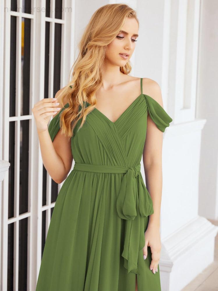 Numbersea Off The Shoulder Chiffon Bridesmaid Dress Long Formal Graduation Gown with Cowl Back 28069-numbersea