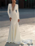 Vestidos de novia formales de gasa con escote en V, corte sirena o trompeta, manga larga y cola larga