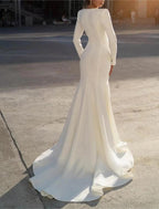Vestidos de novia formales de gasa con escote en V, corte sirena o trompeta, manga larga y cola larga