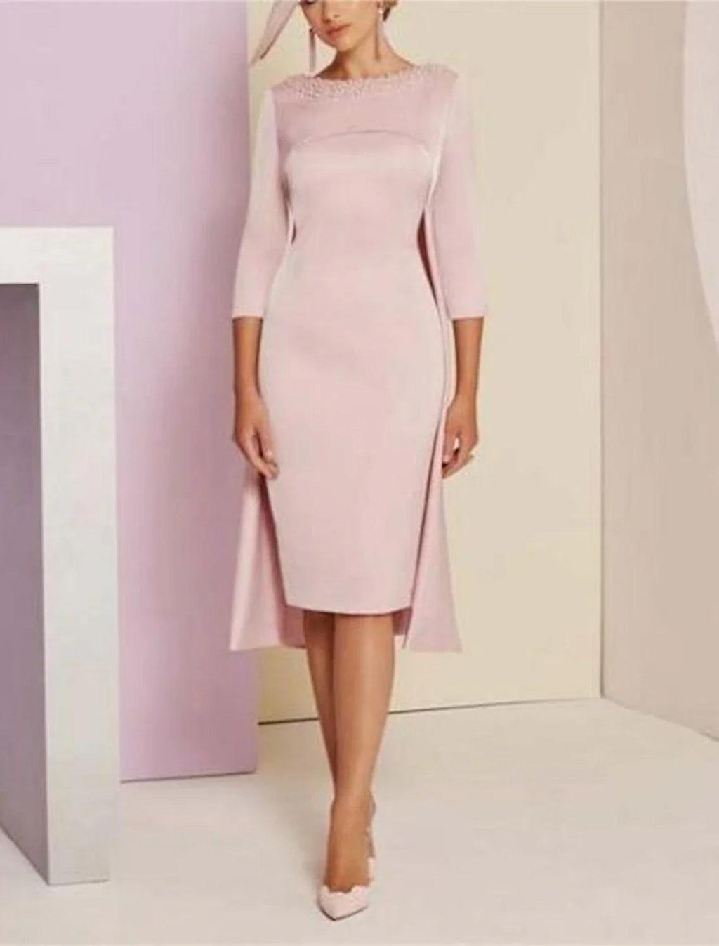 Zweiteiliges, elegantes Etuikleid für formelle Hochzeitsgäste, elegantes Kleid mit Rundhalsausschnitt, knielang, mit Pailletten besetzt, italienischer Satin, 3/4-Ärmel, mit Kristallen und Perlen besetzt, Kleid für die Mutter der Braut