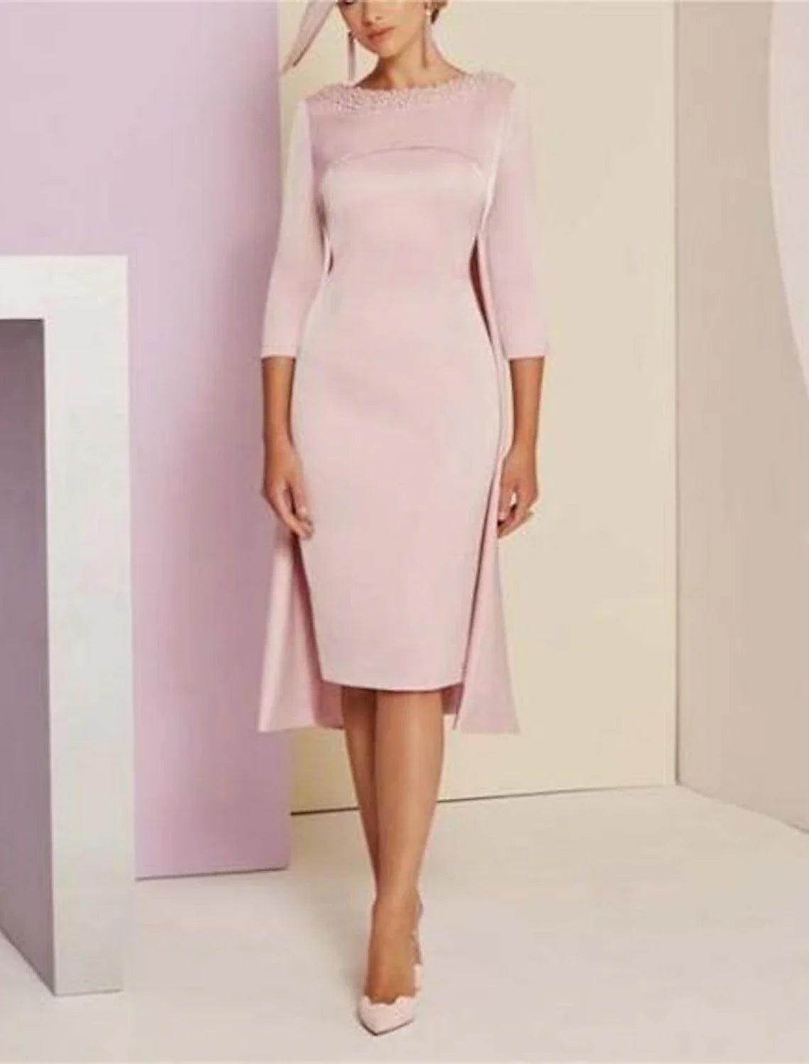 Zweiteiliges, elegantes Etuikleid für formelle Hochzeitsgäste, elegantes Kleid mit Rundhalsausschnitt, knielang, mit Pailletten besetzt, italienischer Satin, 3/4-Ärmel, mit Kristallen und Perlen besetzt, Kleid für die Mutter der Braut