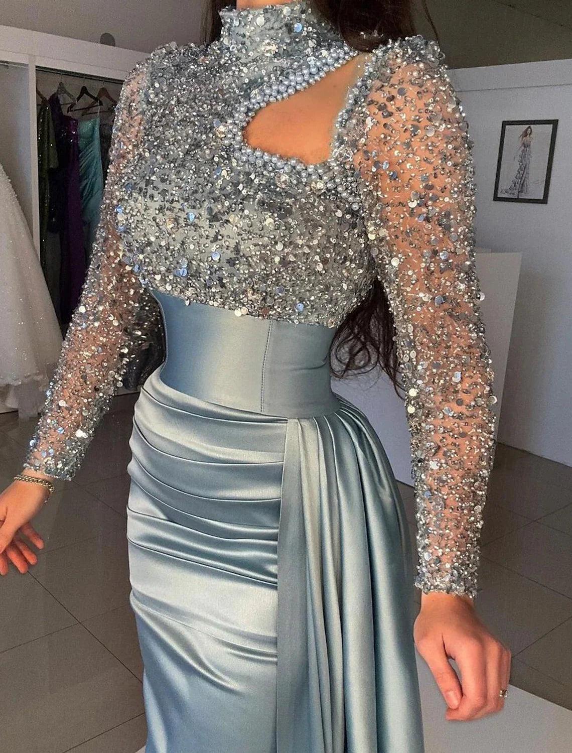 Meerjungfrauenkleid, elegantes formelles Abendkleid mit Schleppe, langen Ärmeln, hohem Halsausschnitt, Satin mit Perlen und Pailletten