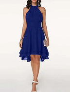 Vestido de fiesta elegante con capas, de gasa, sin mangas, hasta la rodilla, con escote en V y espalda en V para invitados de boda