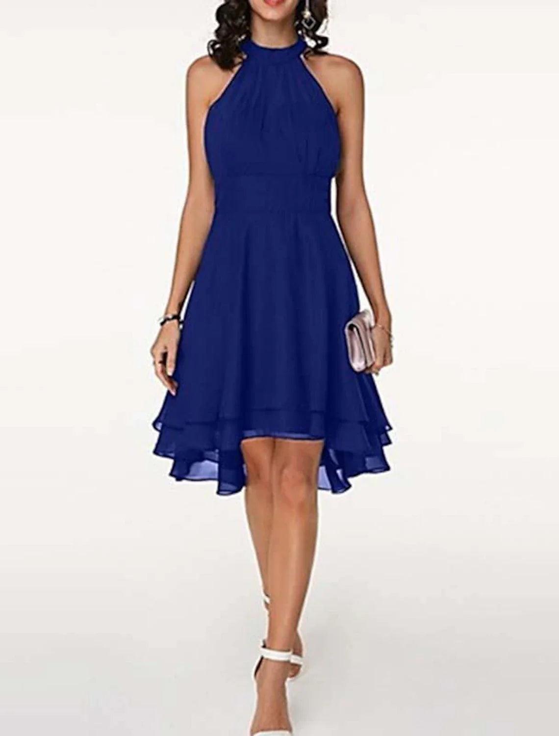 Vestido de fiesta elegante con capas, de gasa, sin mangas, hasta la rodilla, con escote en V y espalda en V para invitados de boda