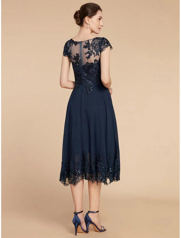 Wedding Guest Elegant Petite Scoop Neck Tea Length Chiffon Lace Cap Sleeve with Sequin Solid Color Mother of the Bride Dress&nbsp;
