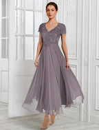 Vestido de madre de la novia, elegante, formal, para invitada de boda, escote en V, largo hasta la rodilla, de gasa, con encaje, manga corta, chaqueta y pliegues.
