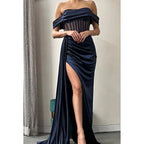 Vestido formal de noche de graduación sin mangas, de satén, con pliegues y hombros descubiertos, corte tubo/columna