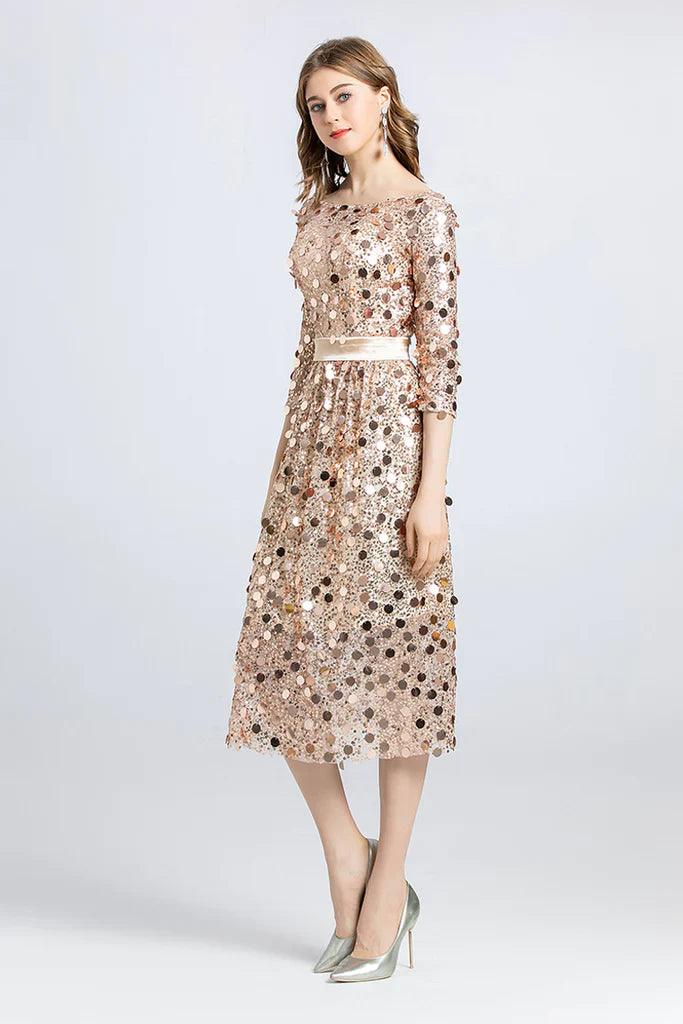 Glitzerndes Pailletten-Heimkehrkleid mit 3/4-Ärmeln, kurzes Ballkleid