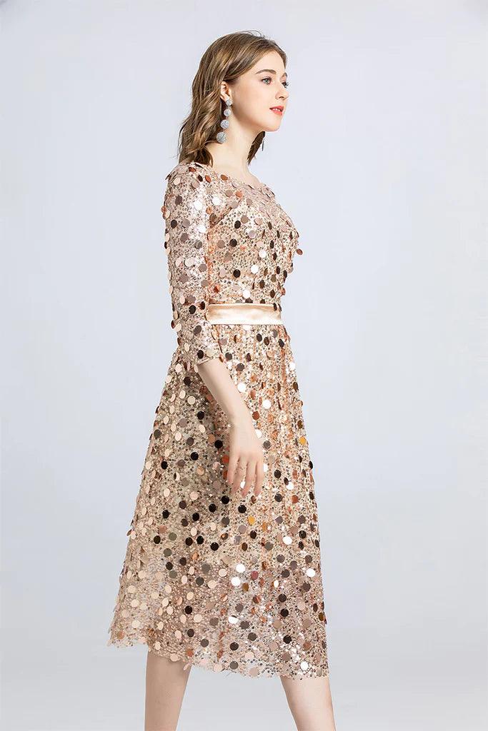 Glitzerndes Pailletten-Heimkehrkleid mit 3/4-Ärmeln, kurzes Ballkleid