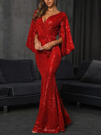 Glitzerndes Meerjungfrauenkleid, formelles Hochzeitsgastkleid, bodenlang, langärmlig, V-Ausschnitt, Herbsthochzeitsempfang, Pailletten mit Schleife(n), Pailletten-Abendkleid