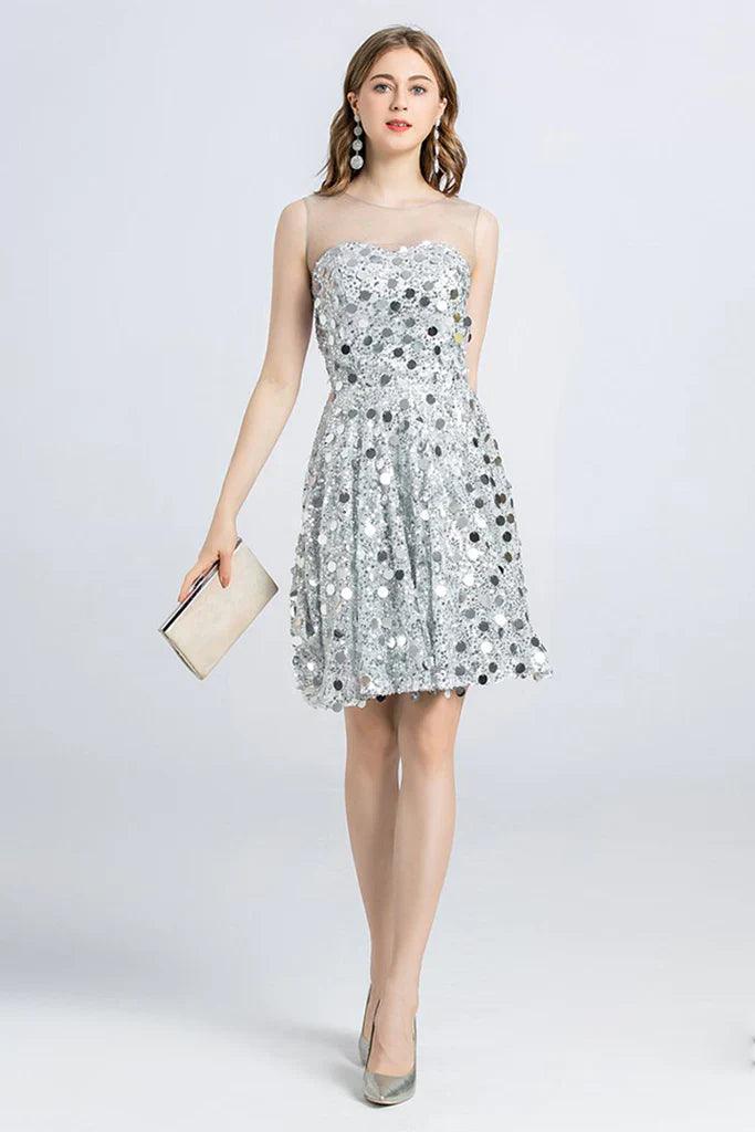 Ärmelloses Mini-Heimkehrkleid mit Juwelenspitze und Pailletten