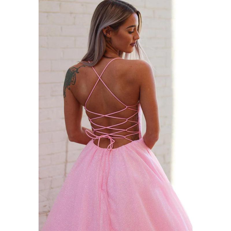Vestido de fiesta rosa brillante con escote en V pronunciado y bolsillos 