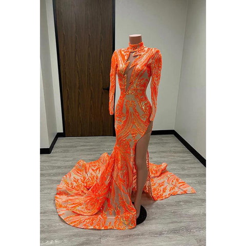 Sheath/Column High Neck Sequined Split Long Sleeves Prom Evening Formal Dress