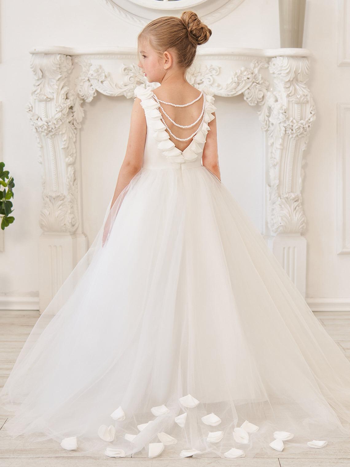 Elegantes weißes Tüllkleid für Blumenmädchen mit Schleppe 