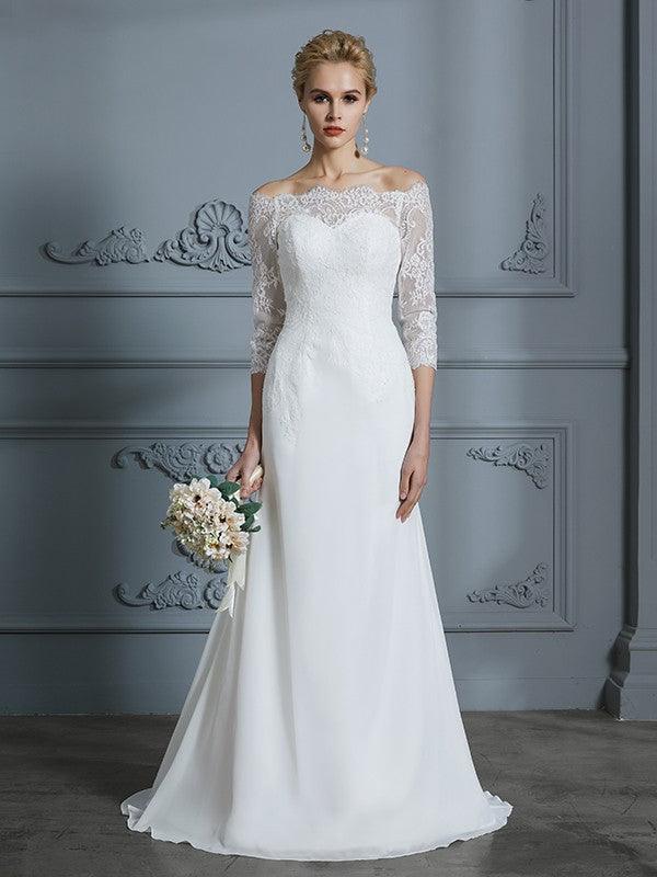 Vestidos de novia de gasa con corte trompeta/sirena, mangas 1/2, hombros descubiertos y cola larga